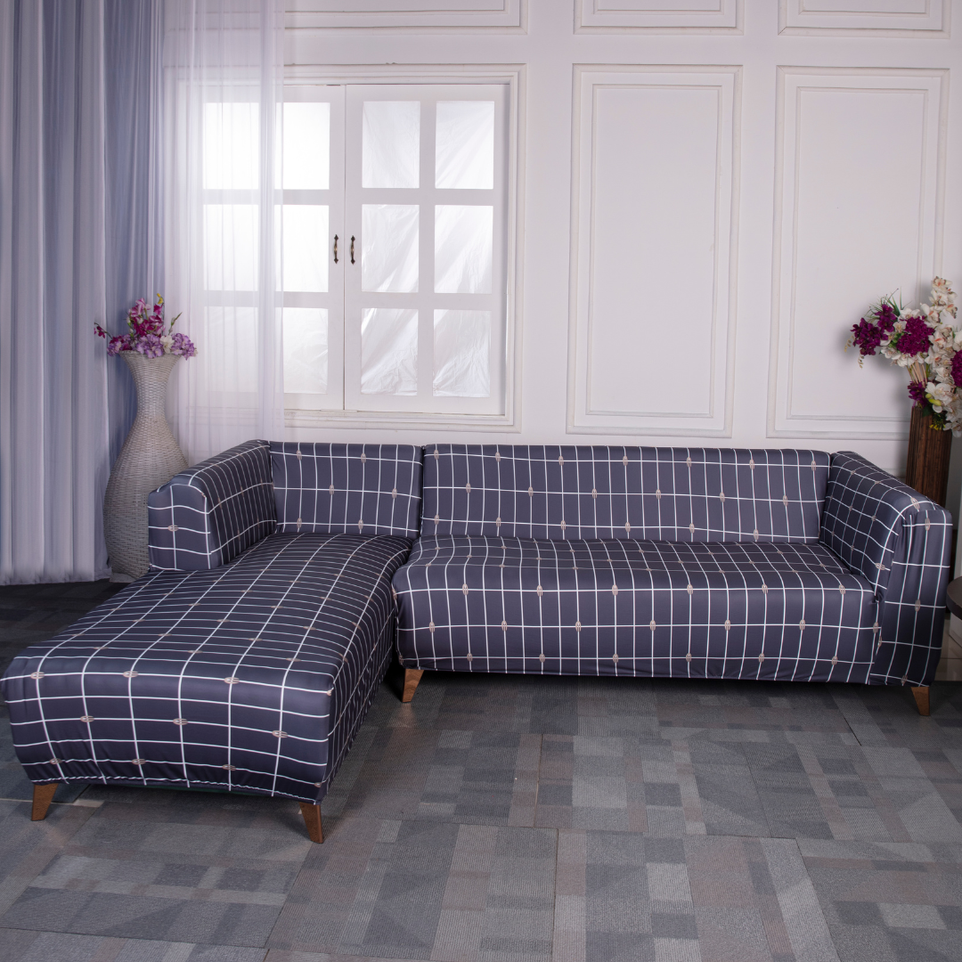 Grey White Checks Elastic L-Shape Sofa Cover